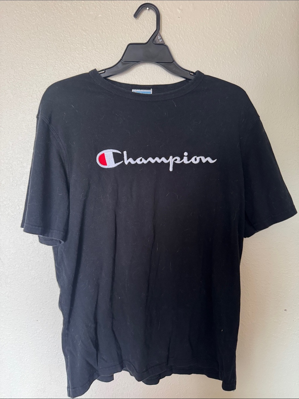 Champion Black Short Sleeve Logo Tee with Red Accent
